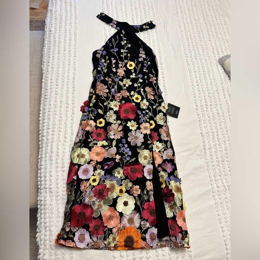 Black 3D Floral Embroidered Halter Midi Dress